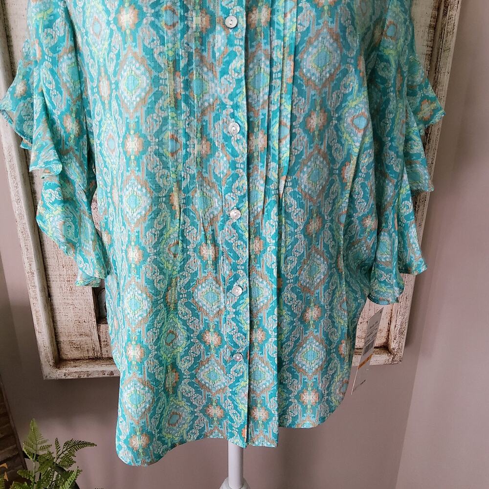 Ruby Rd Ikat Ruffle Sleeve Blouse Small Boho Retro Lightweight Top - Picture 5 of 12
